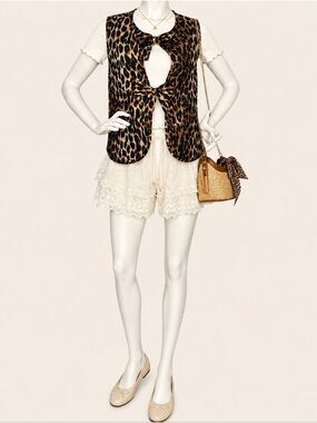 Veveret Leopard Bow Tie Quilted Vest M Boho Revival Leopard Luxe NWT